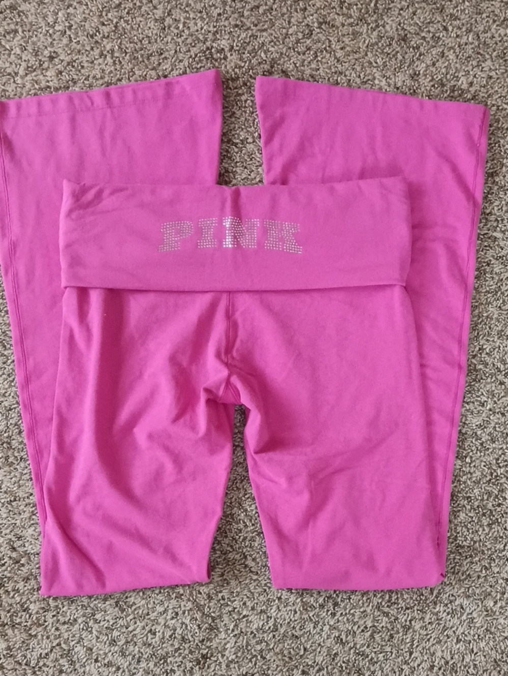 PINK Victoria's Secret Bright Pink Fold-Over Waist Leggings with Rhinestone Logo